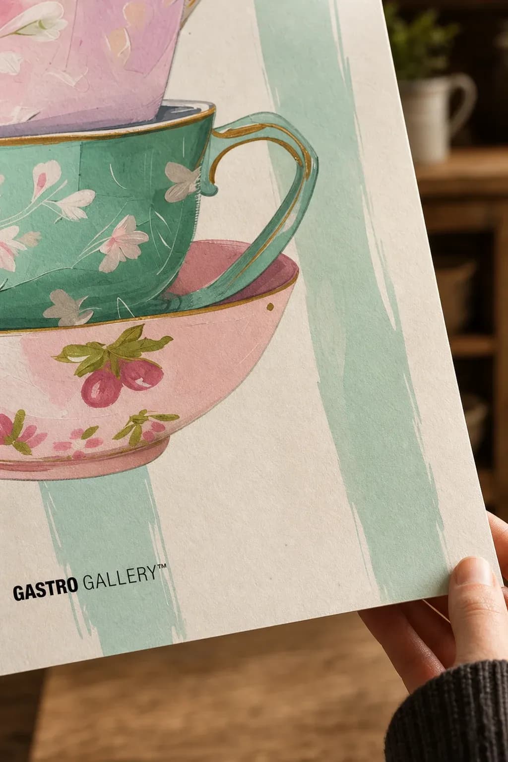 Stacked Teacups Garden — framed on a wall